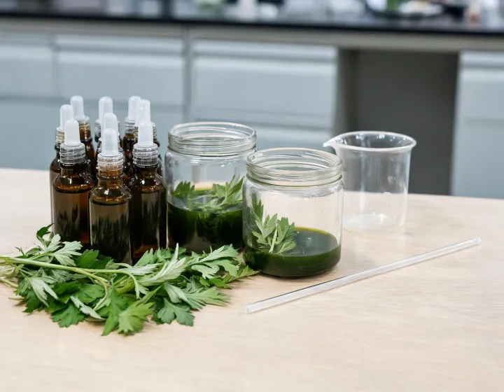 mugwort essence on a cosmetics bench, illustration only